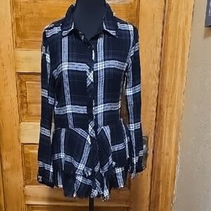 Grace & Lace Black and White Peplum Plaid Button Down Shirt XS